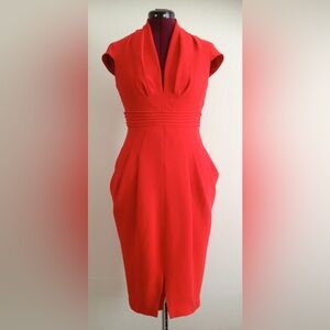 Deep V-neckline Cap Sleeve Draped Sheath Dress